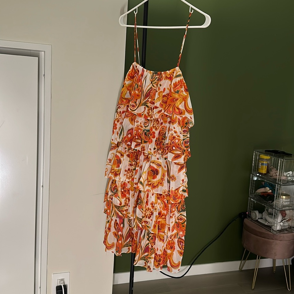 Caroline Constas Floral orange Chiffon Spaghetti Strap Dress